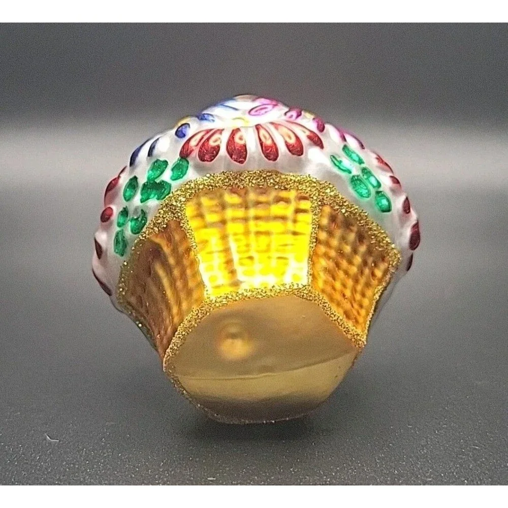 Vintage Czech Republic Blown Glass Flower Basket Christmas Ornament Mini 2.5”